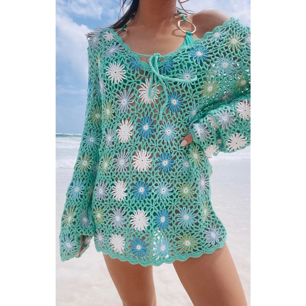 Show Me Your Mumu Vacay Mini Coverup in Blue Multi Floral Crochet XS NWT